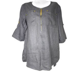 Ellen Tracy Linen Tunic Top Gray Quarter Zip Gold Chain Size M Lagenlook